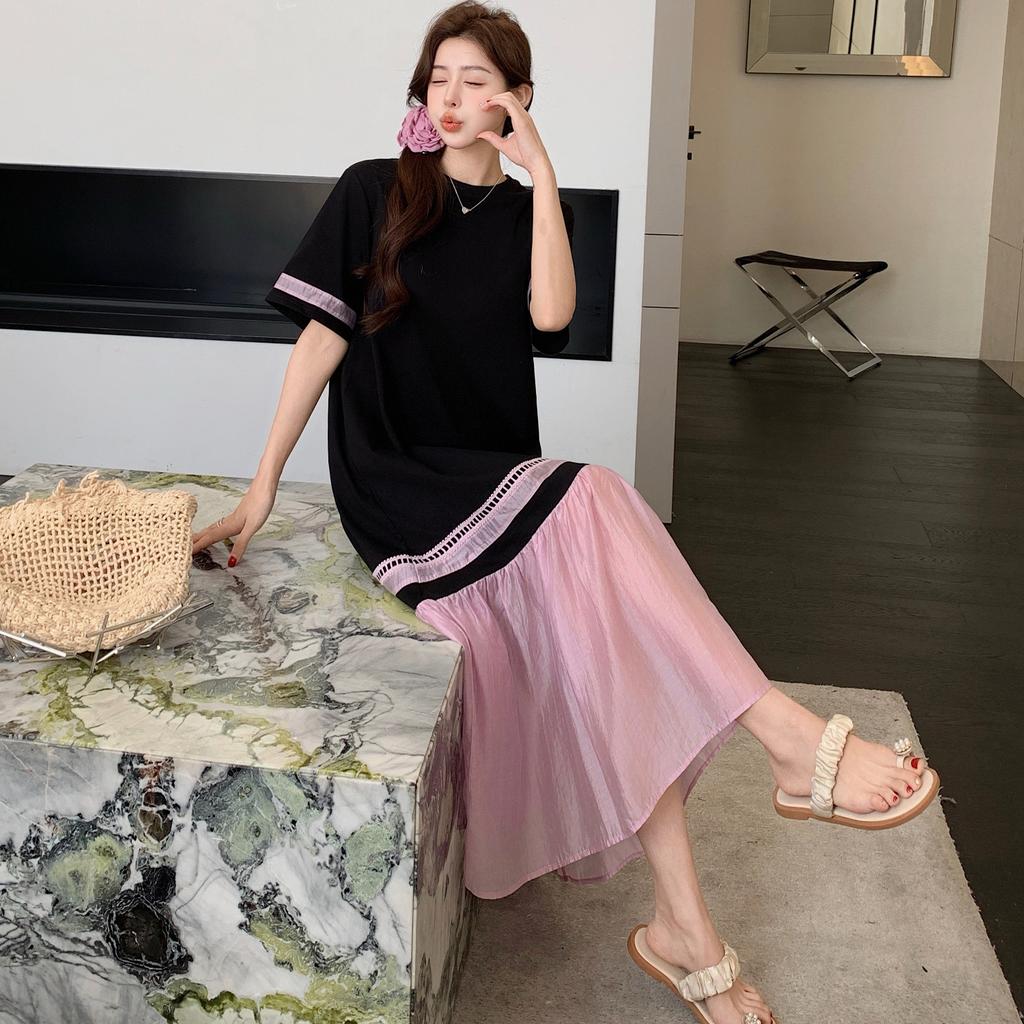 DIMANAF 2025 Летнее платье больших размеров для женщин Повседневное винтажное плиссированное длинное платье с коротким рукавом Свободное базовое платье