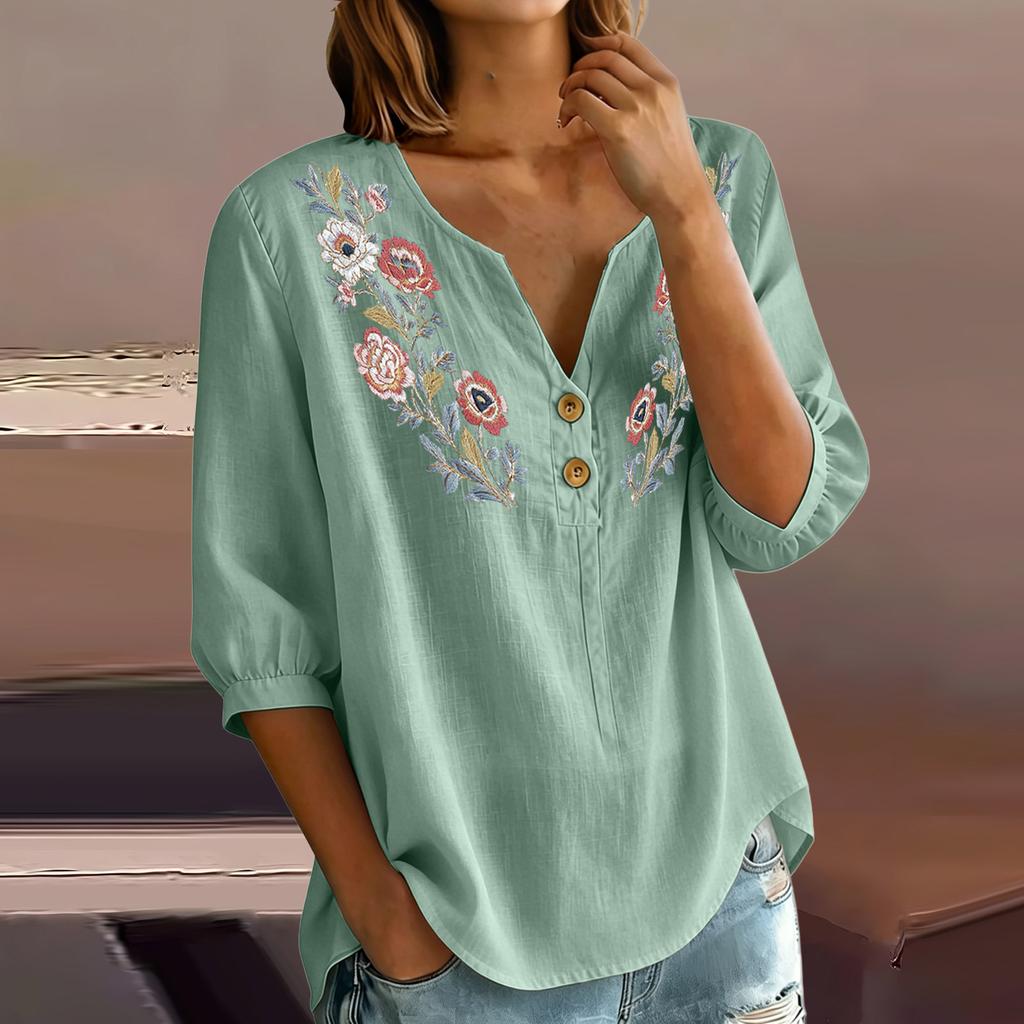 Женская льняно-хлопковая блузка-henley с цветочной вышивкой, пуговицами на воротнике, рукавами три четверти, повседневная, свободного кроя
