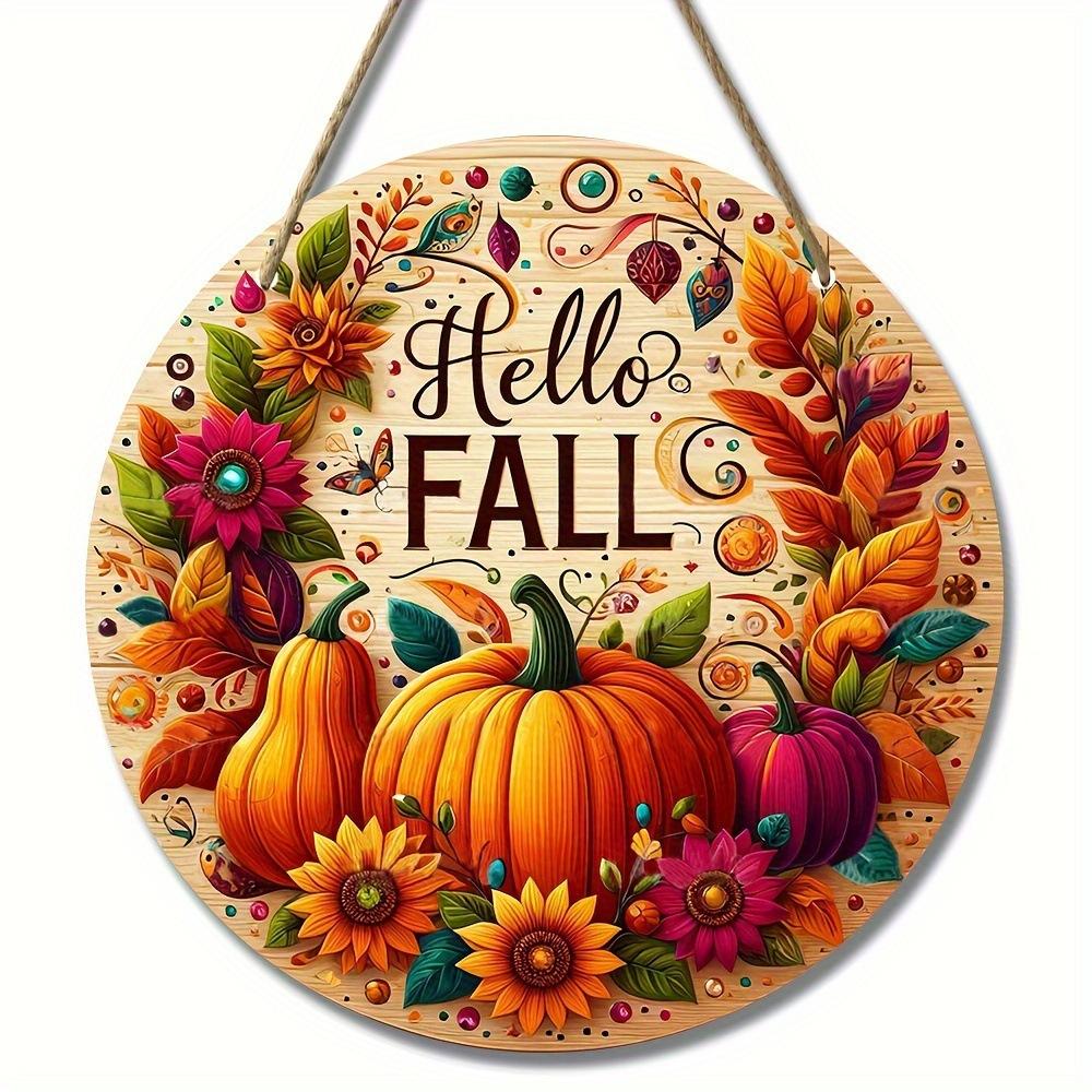 2d Flat 20*20cm, Autumn Home Decoration, "hello Fall", Wooden Welcome Circular Creative Decoration Logo, for Home, Kitchen, Garden, Bedroom, Bar Decor
