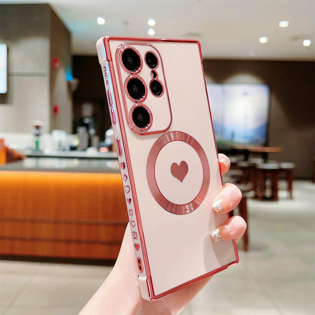 For Samsung Galaxy S26 Ultra Magnetic Case Electroplating Soft TPU Cover with Cute Love Heart