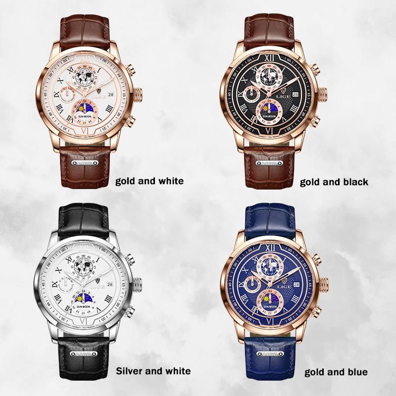 LIGE Модные мужские часы, роскошные деловые часы для отдыха, кварцевые часы с кожаным ремешком, светящийся водостойкий автоматический код даты и времени