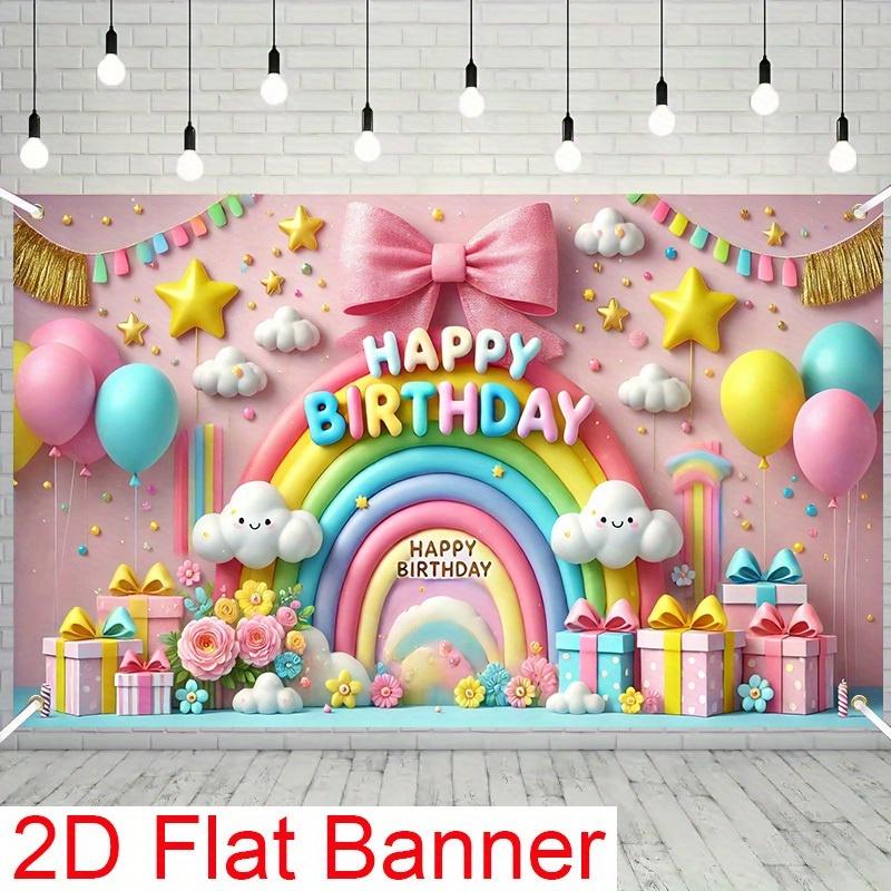 2D banner a banner for a princess' birthday party made of polyester featuring pink bows and white cloud decorations.PMJ