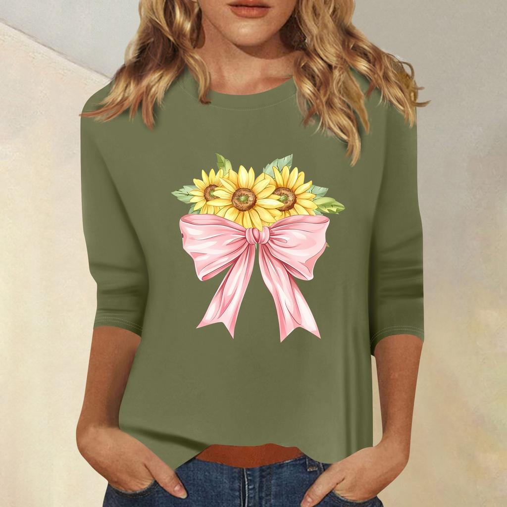 Женская мода повседневный принтованный топ с семью рукавами и круглым вырезом