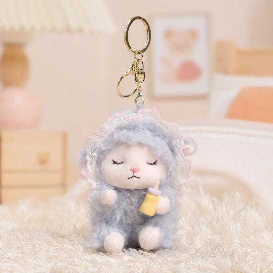 Plush Seated Sheep Keychain Pendant with Metal Ring for Backpack Keys, Soft Cute Lamb Keychain, Stuffed Animal Bag Charms