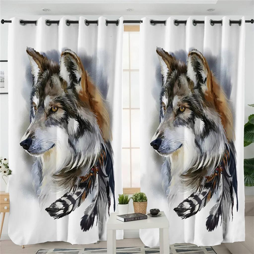 Шторы с изображением тотема в виде животного волка, черно-белые шторы с изображением волка, 2 панели, детская комната, гостиная, спальня, балкон, кабинет, декор