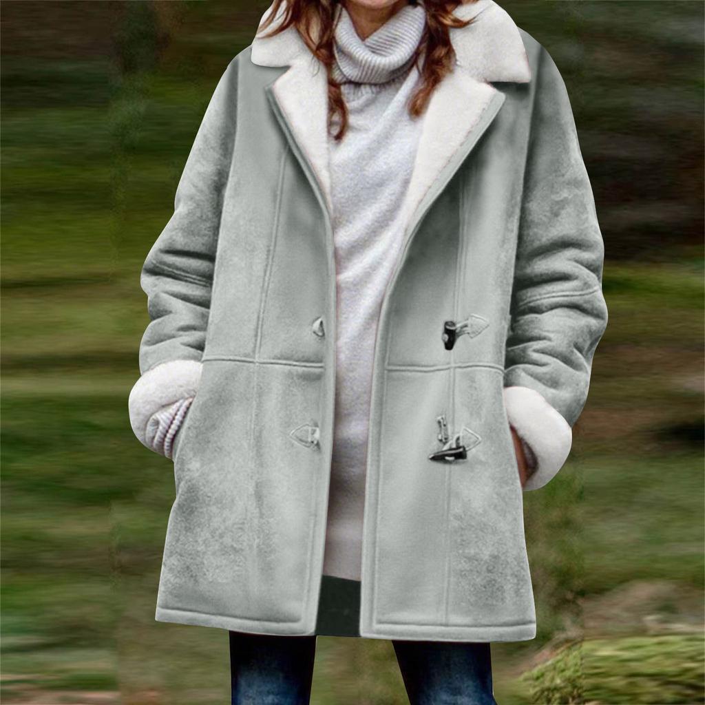 Women's Fashionable Coat Solid Color Long Sleeved Pocket Loose Button Plush Jacket