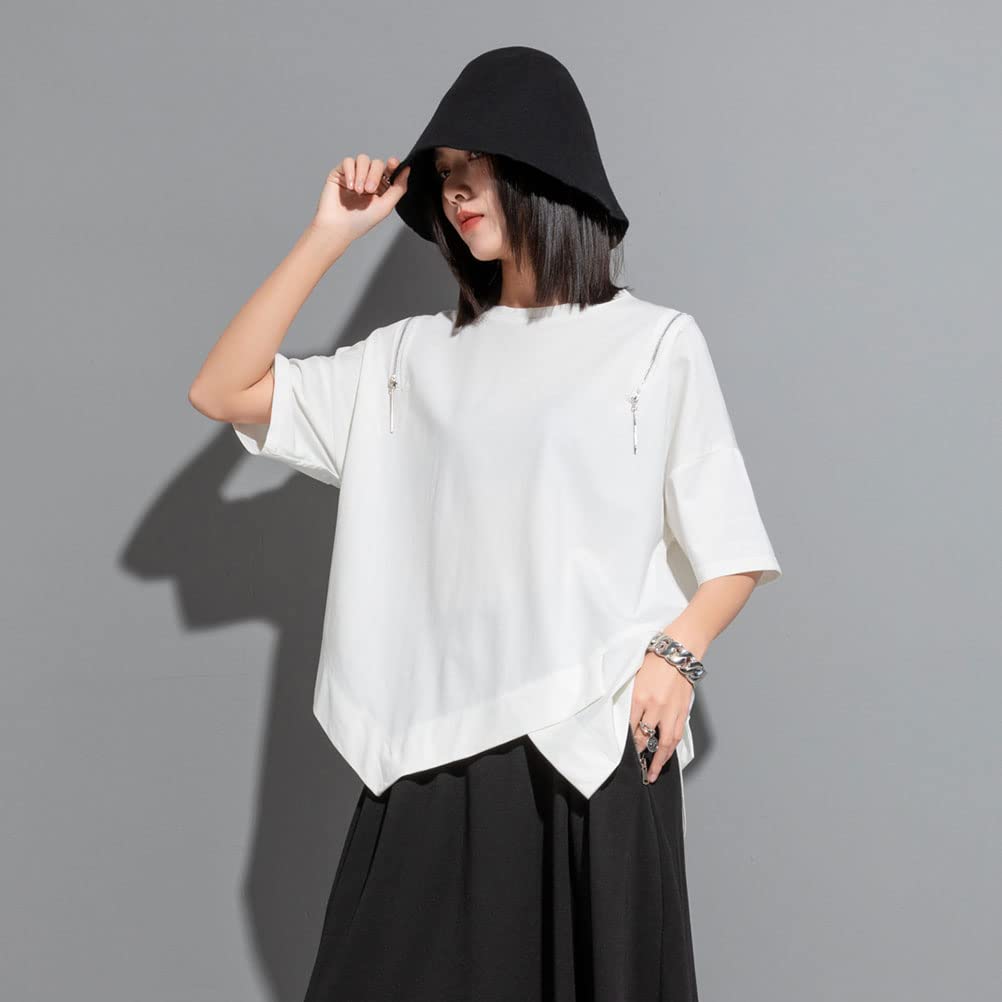 Morino Short Sleeve Loose Fit Solid Street Summer Size Women's T-Shirt, Color, Asymmetrical, Zippered, Off-the-Shoulder, Casual, Fashionable, Unique,