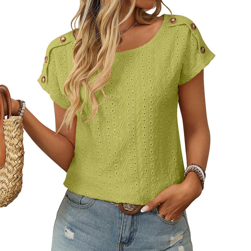 Женская модная свободная однотонная футболка с круглым вырезом и короткими рукавами на пуговицах