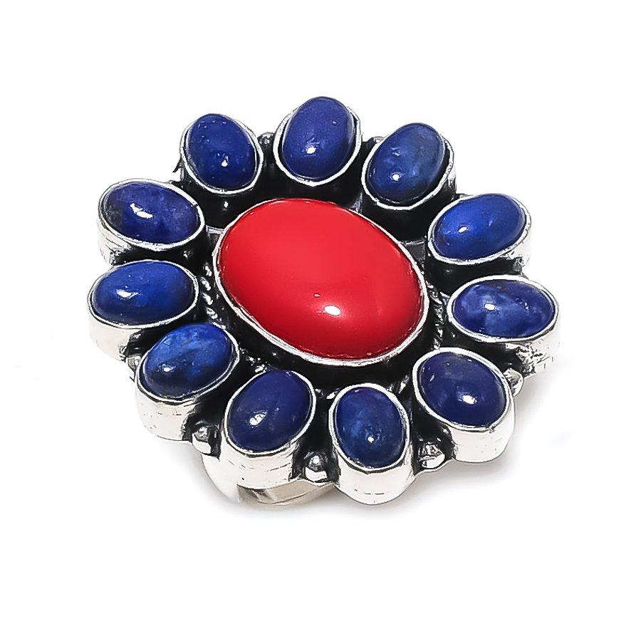 Italian Red Coral, Lapis Handmade 925 Sterling Silver Jewelry Ring Size 8 I6C52