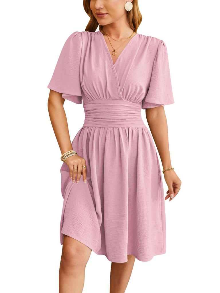 Женское платье с V-образным вырезом, приталенное, с рукавами-клеш, весна/лето 2024