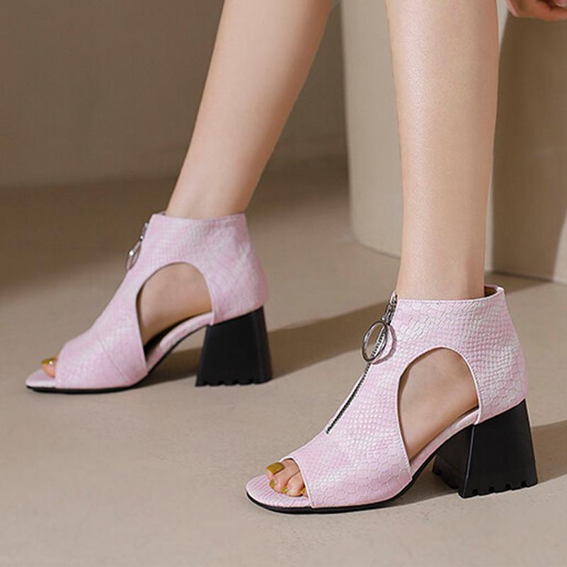 Женские сандалии на толстом высоком каблуке с открытым носком и молнией, модная летняя обувь для вечеринок, черный, коричневый, желтый, зеленый, розовый, размеры 33–46