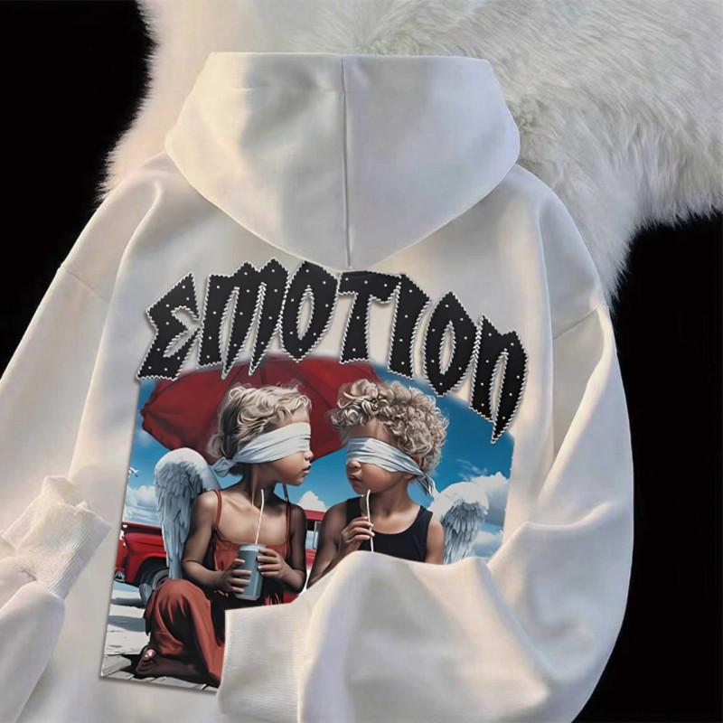 Oversized Hooded Sweatshirt Men Women Vintage Angel Print Thick Fleece Lined Loose Fit Winter Pullover