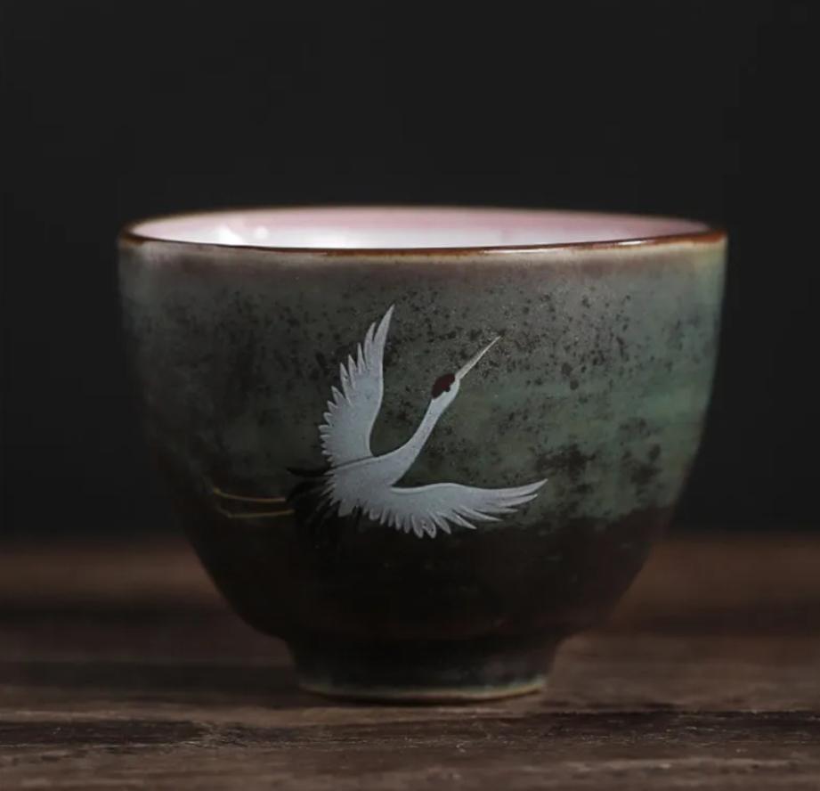 Handmade Ceramic Crane Teapot/Teacup – Hand-Painted Retro Coarse Pottery Tea Set, Portable Travel Kettle
