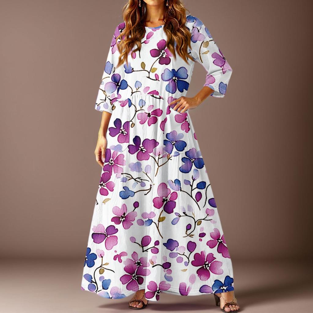 Женское повседневное модное платье с цветочным принтом, рукавом три четверти и карманами