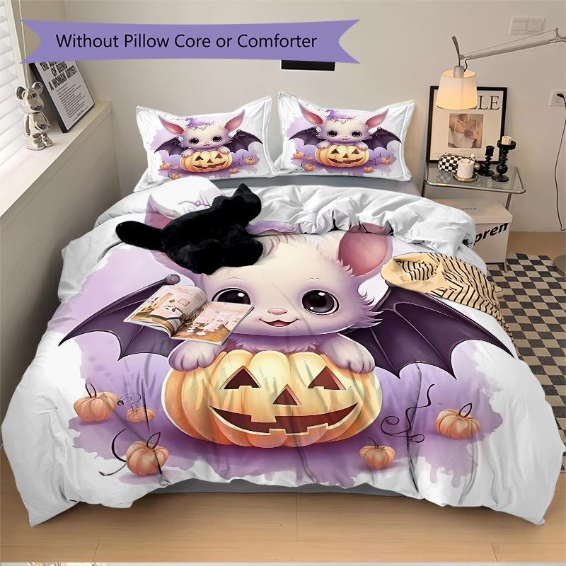 3pcs Wizard Bat & Pumpkin Cute Design Bedding Set - 1 Soft Quilt Cover + 2 Pillowcases, Machine Washable - Suitable for All Seasons, Perfect