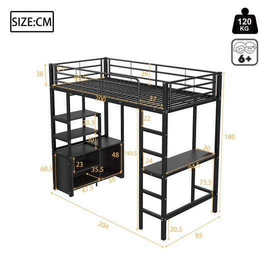 Loft Bed, 90x200cm, No Mattress, Bed with Desk, Socket And USB, Multiple Shelves, Open Storage Cabinet, Railing, Ladder, Iron Frame,