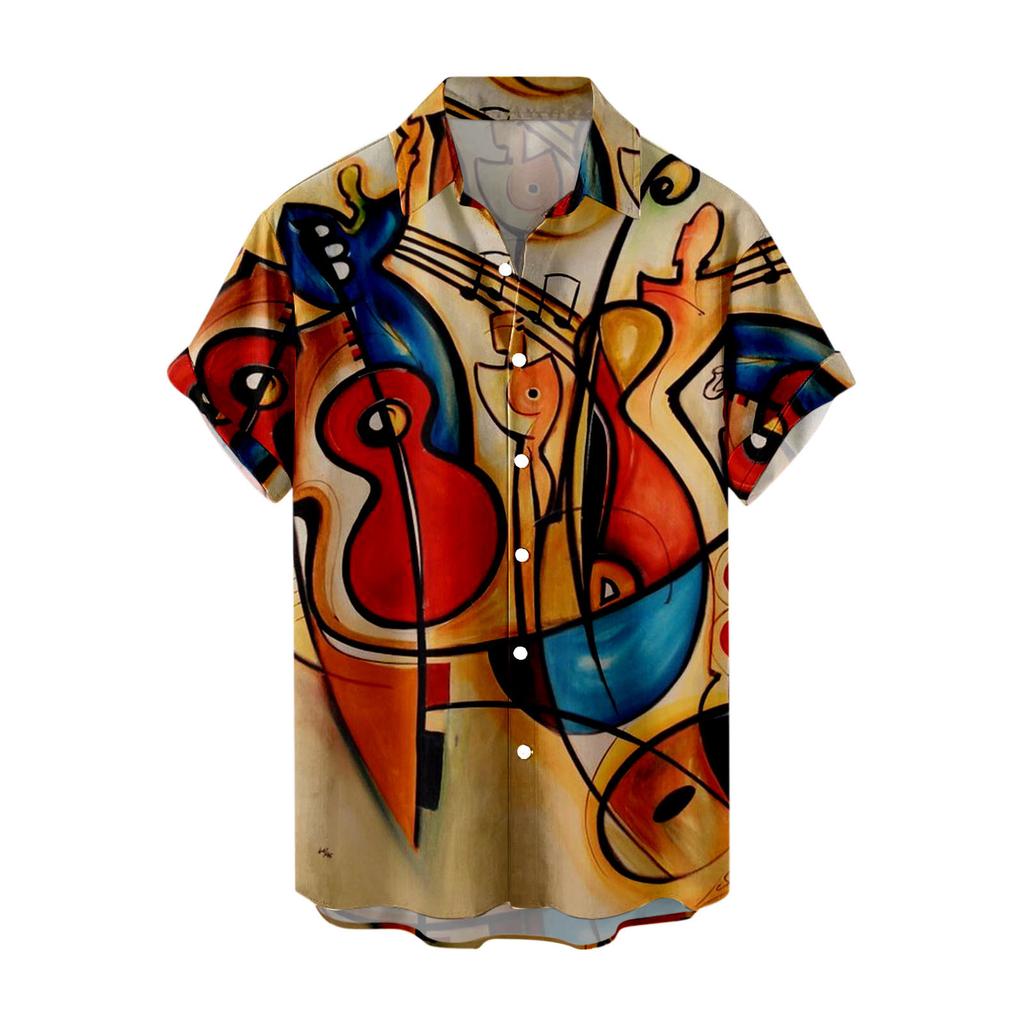 Summer Hawaiian Shirts For Men Music Guitar Printed Tops Clothing Fashion Casual Oversized Collar Rock And Roll Blouses