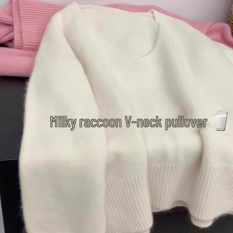 Женский корейский трикотажный свитер с V-образным вырезом синего цвета - мягкий пуловер свободного кроя для осени/зимы.