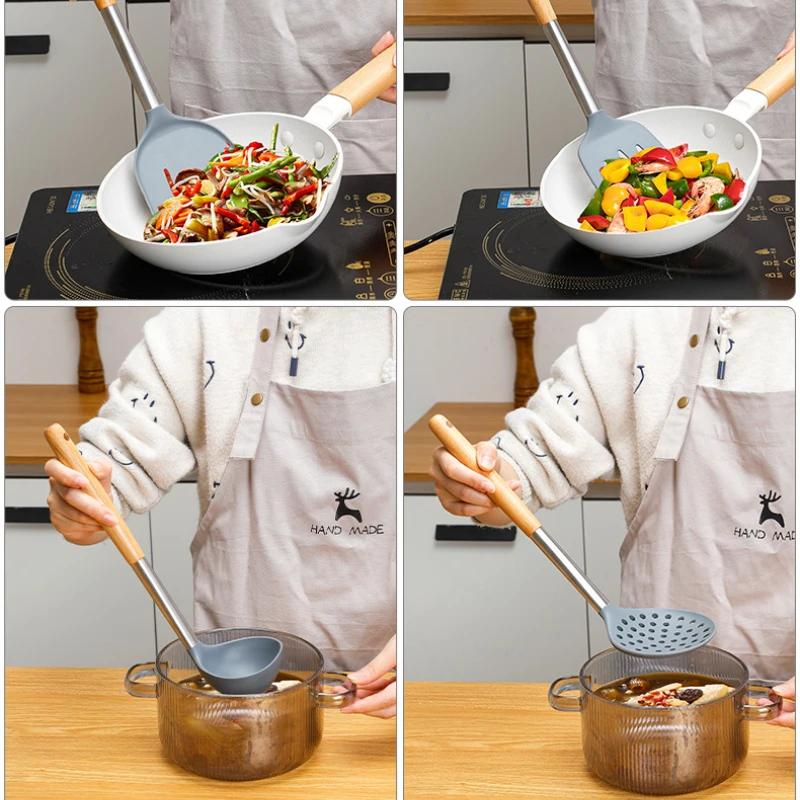 4 шт. силиконовая посуда для приготовления пищи, набор из нержавеющей стали, кастрюля с антипригарным покрытием, протекающая ложка, лопатки, суповые ложки с деревянной ручкой, кухонные принадлежности