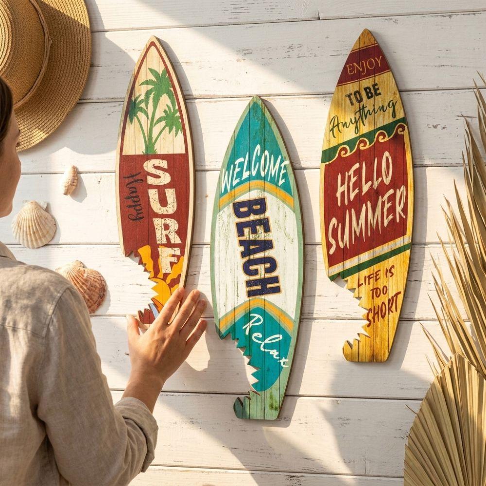 3Pcs Colorful Surfboard Wall Hanging Vintage Print Surfboard Wooden Sign Outdoor Nautical Decor