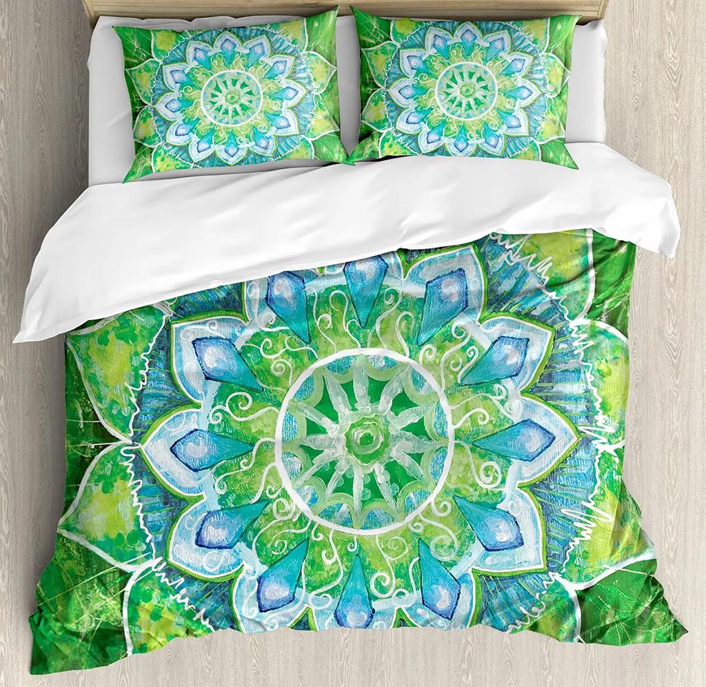 Henna Bedding Set Comforter Duvet Cover Pillow Shams South Asian Mandala Design with Vibrant Color Bedding Cover Double Bed Set