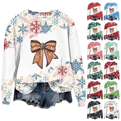 Женская мода рождественский принт длинный рукав свободный круглый вырез толстовка топ осень