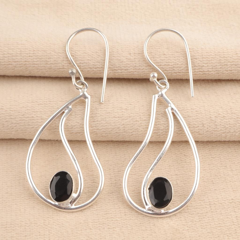 Oval Root Chakra Black Onyx Stone Dangling Earrings Jewelry 925 Sterling Silver EE-139-9