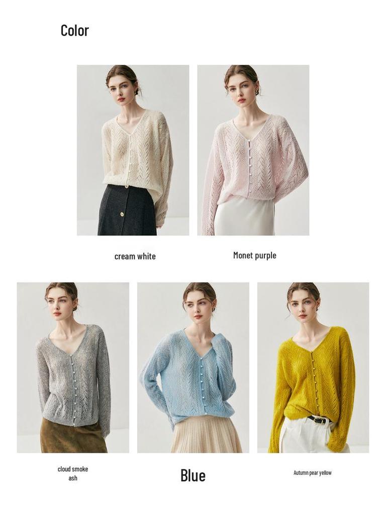 Women's V-Neck Hollowed Cashmere Cardigan - Loose Fit Autumn 2025 Cover-Up Pullover