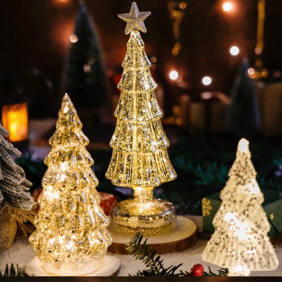 Glass Christmas Tree Figurine Tabletop Tree Ornament with LED Lights Holiday Decor Light Up Tree Cone for Home Office Parties Table Centerpiece