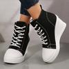 2025 New Large Size High-top Canvas Shoes Women's Muffin Bottom Thick-soled Wedge Heel Single Shoes Fashionable Versatile Lace-up High-top Shoes