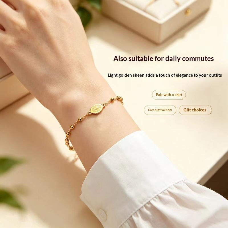 Women's Lightweight Rosary Cross Mary Bracelet Stainless Steel Vintage Beaded Charm Comfort Jewelry for All Day Wear