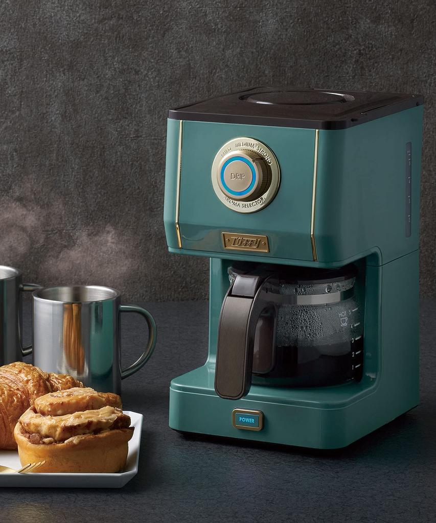 Кофеварка Aroma Drip с функцией приготовления на пару капельного типа, функцией автоматического подогрева, стеклянная кружка с сетчатым фильтром, стильная ретро-кофеварка [Toffy] K-CM5 (Сланцево-зеленый)