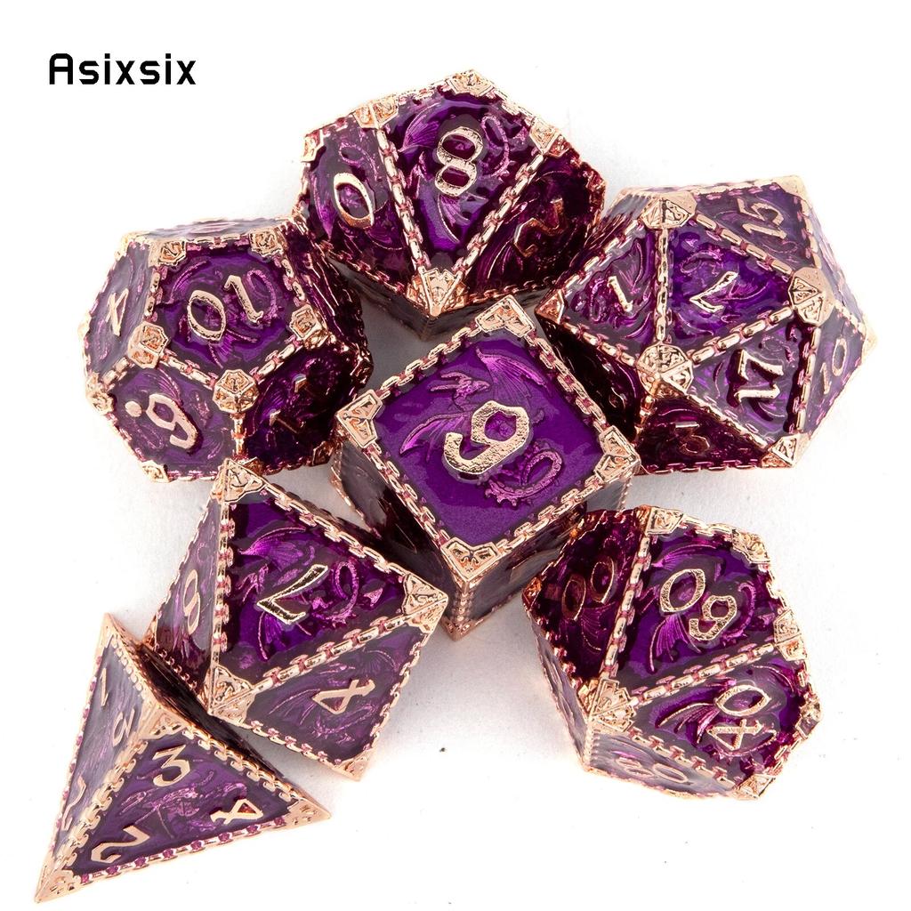 7 Pcs Purple Dragon Metal Dice Solid Metal Polyhedral Dice Set Suitable for Role-Playing RPG Board Game Card Game