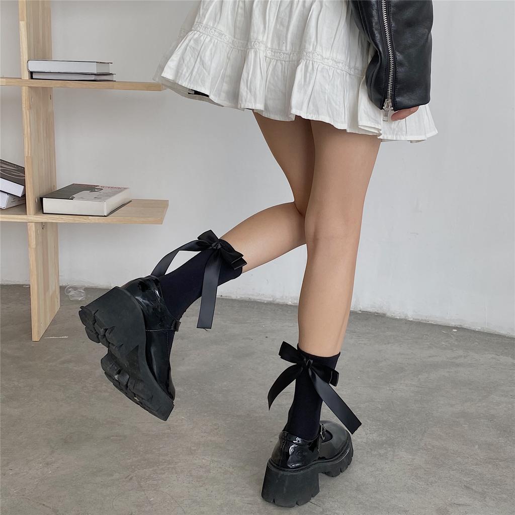 New Handmade Socks Lolita Cute Bow Cotton Mid Calf Women's Socks