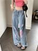 Autumn Fashion Women's Ripped Denim Trousers with Holes Washed Blue Straight Wide Leg Loose Vintage Sexy Casual Jeans Korean Y2k