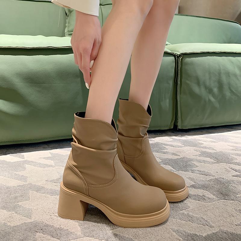 Короткие сапоги в ретро-британском стиле 2024 года, новые осенние сапоги средней длины со складками, минималистичные женские туфли, сапоги на платформе, Zapatos De Mujer