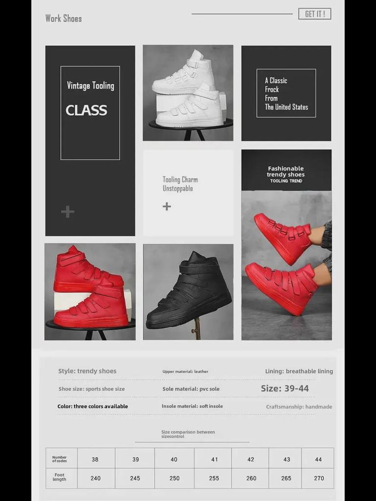 Men's European Red & White High-Top Sneakers with Velcro Straps