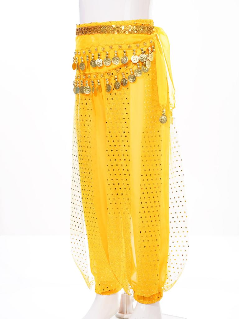 Kids Girls Belly Dance Performance Pants Sequined Dots Chiffon Trousers Bloomers with Tassels Waist Chain Hip Scarf