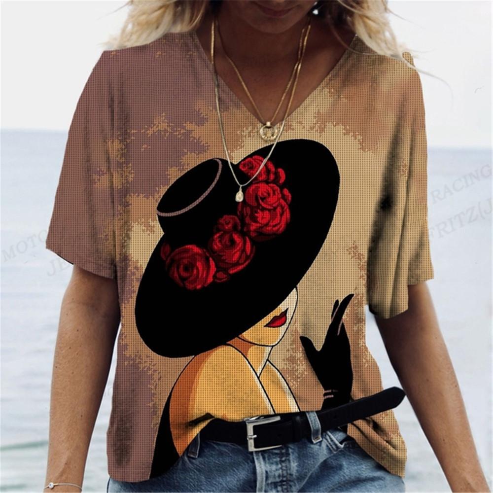 Harajuka абстрактные крутые футболки с принтом в стиле ретро, ​​женские универсальный пуловер с коротким рукавом, летние дизайнерские повседневные женские футболки с v-образным вырезом