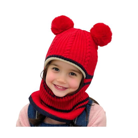 Детская шапка с плюшевыми помпонами, утолщенная вязаная шапка 3-в-1, шапка-шарф-маска, головной убор, эластичная посадка, ветрозащитная шапка