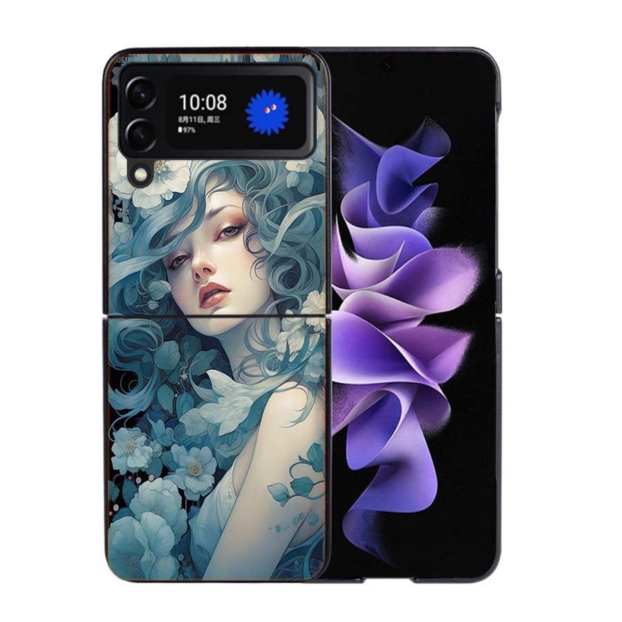 Exquisite Women's Loish Style Flowers Phone Case For Samsung Z Flip 7 6 5G Galaxy Z Flip4 Z Flip5 Z Flip3 Coque Black Hard PC Sh