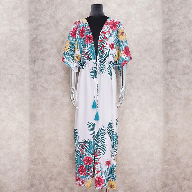 Пляжная накидка с цветочным принтом, туники для пляжа, длинный кафтан, накидка на бикини, халат de Plage, саронг, пляжный купальник, накидка Q1053