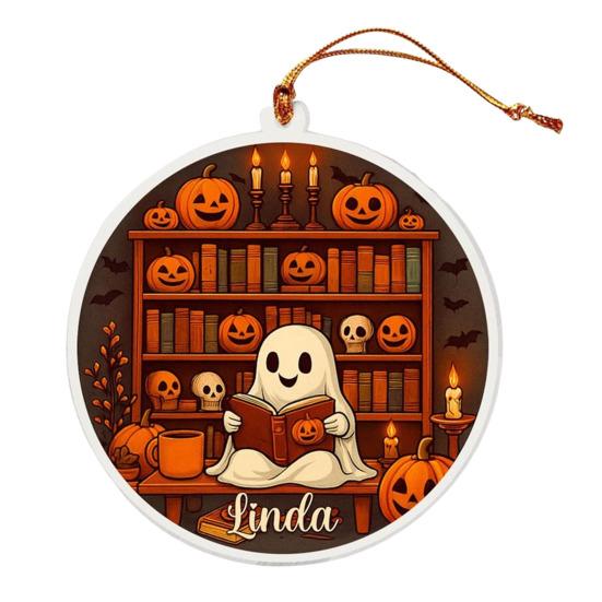 Cute Ghost Reading Book Ornament 2D Acrylic Ghost Pumpkin Window Hanging Decoration for Halloween Home Party Decor