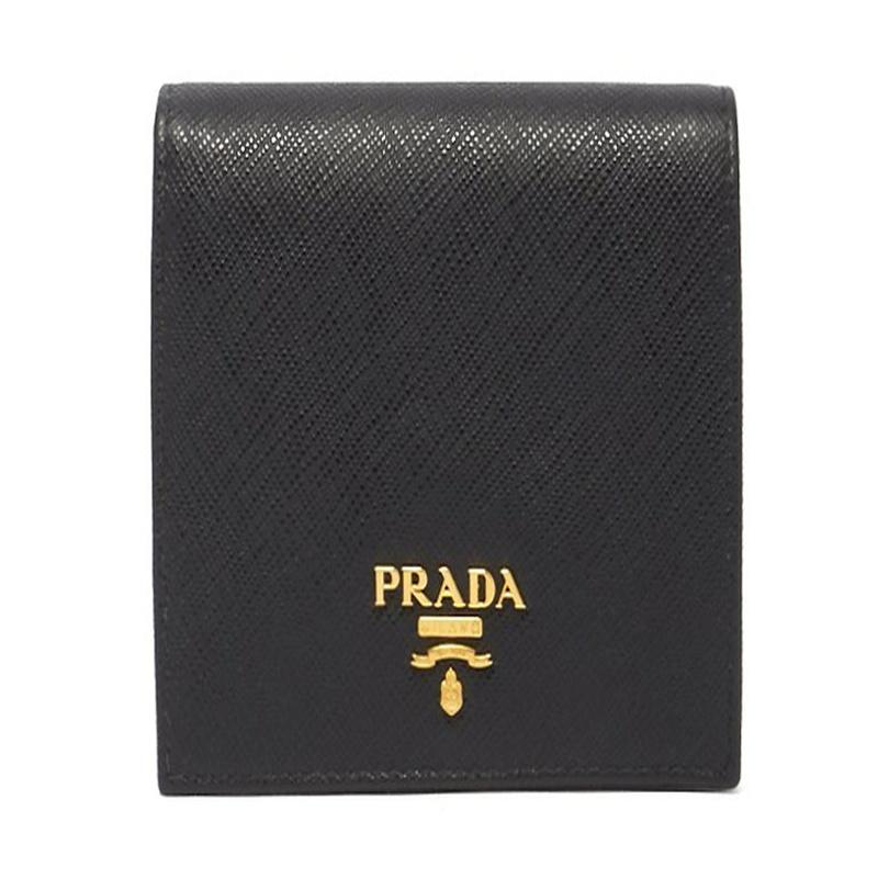 Prada Engraved logo highlights elegant and simple design Saffiano leather wallet women's black