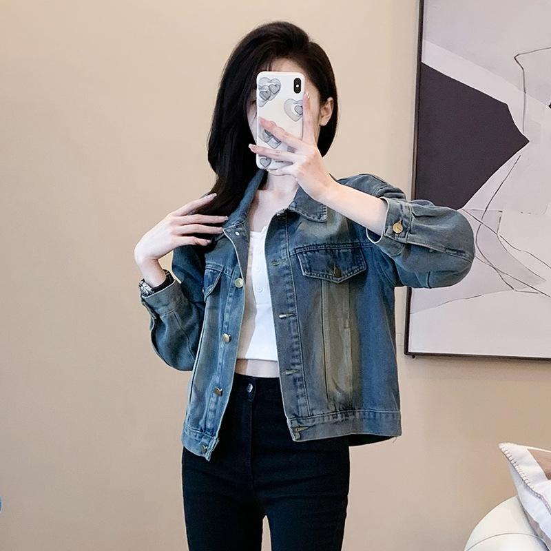 Весенне-осенняя женская джинсовая куртка, винтажная куртка-поло с воротником, короткие топы