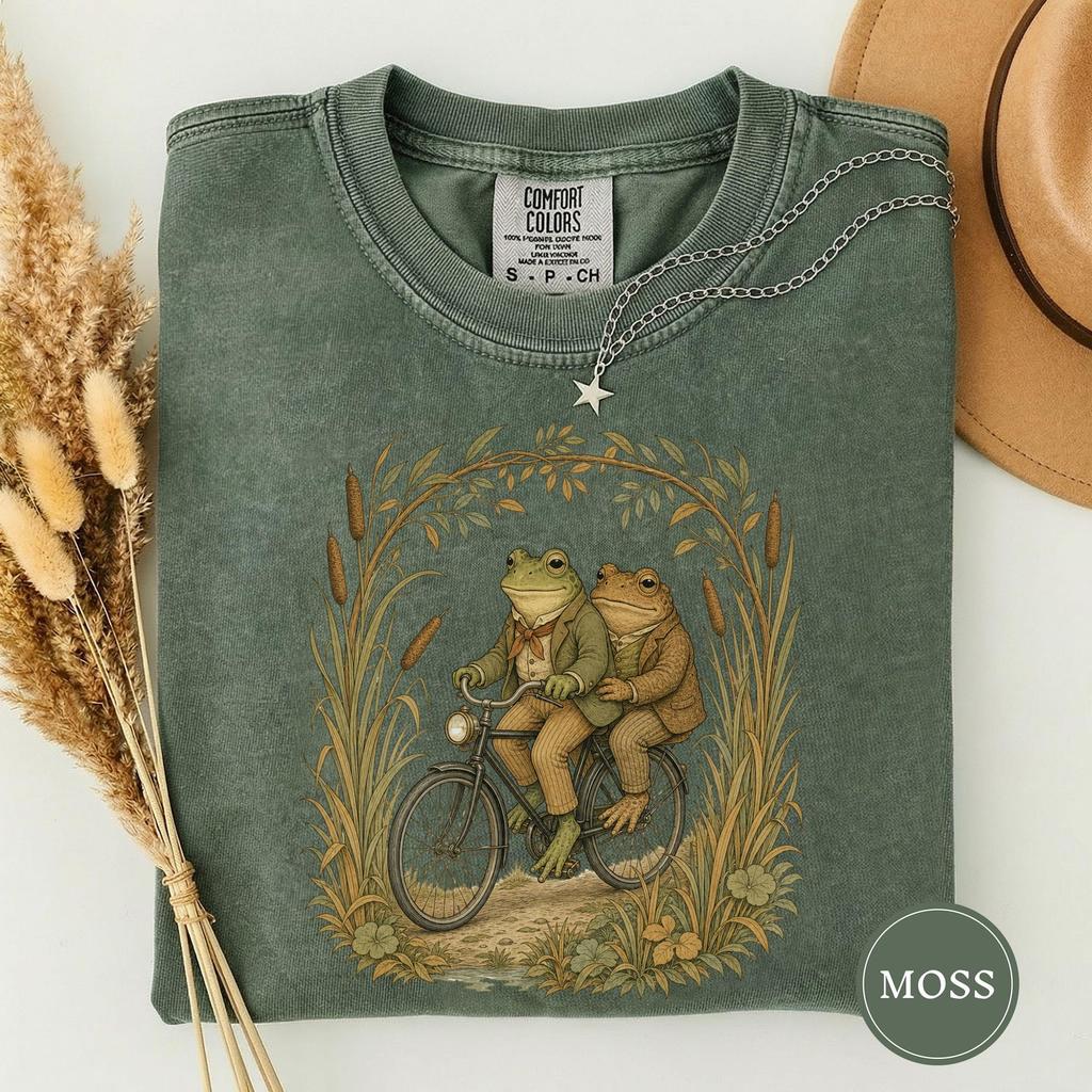 Cottagecore Frog And Toad Bicycle Shirt, Cozy Storybook Critter Shirt, Cute Frog Nature Lover Gift For Her, Cottagecore Gift For Women