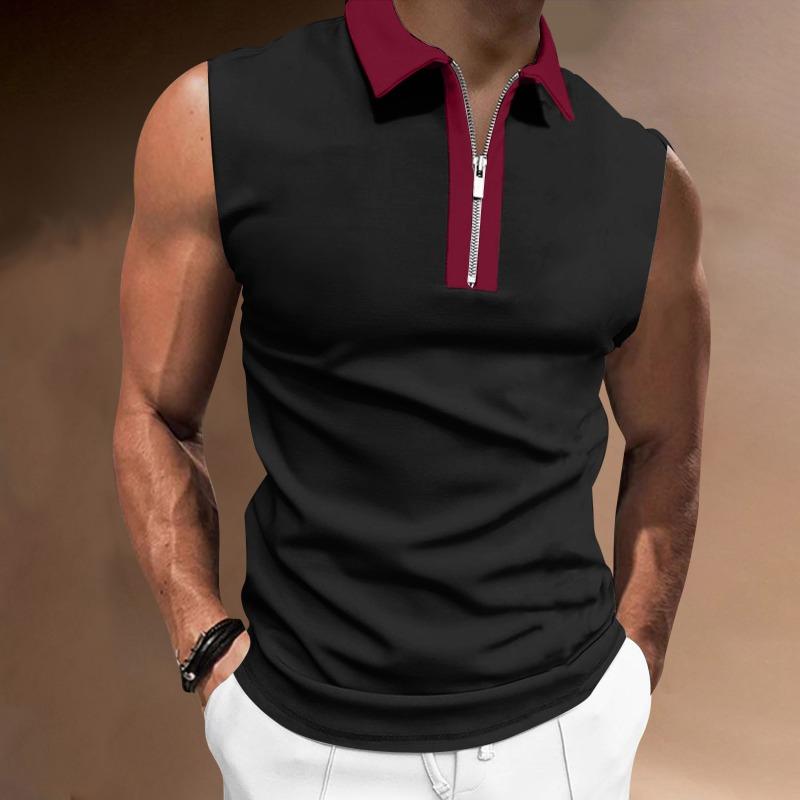 Мужская облегающая футболка без рукавов с лацканами, повседневная рубашка-поло с цветными блоками для мужчин