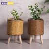 Vintage Planters Imitation Rattan Flower Stand Woven Storage Basket With Wooden Legs Plant Pot Stand Holder Basket Organizer