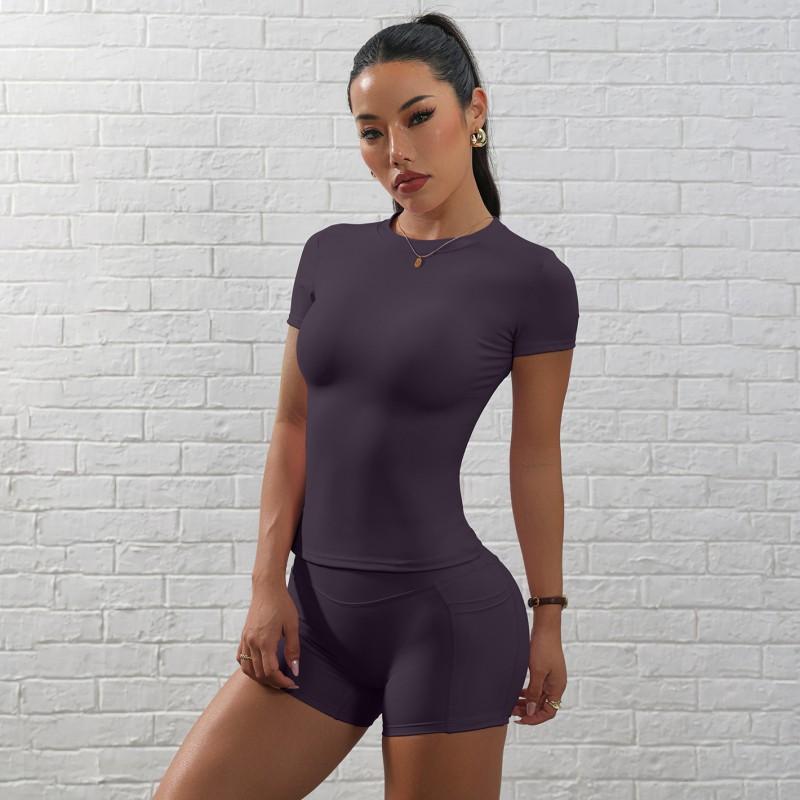 Womens 11-Color Seamless Yoga Set Short Sleeve Top Leggings Running Fitness Gym Workout