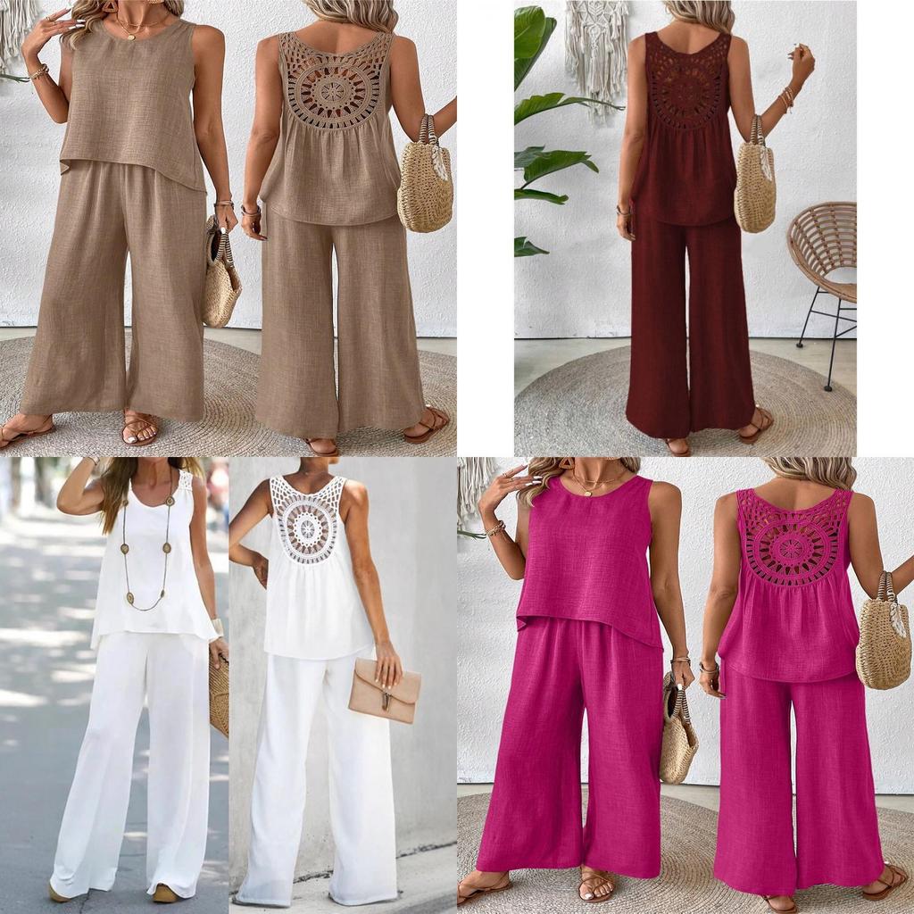 Bohemian Style Sleeveless Top And Wide Leg Pants Set With Polyester Fabric For Casual Summer Wear